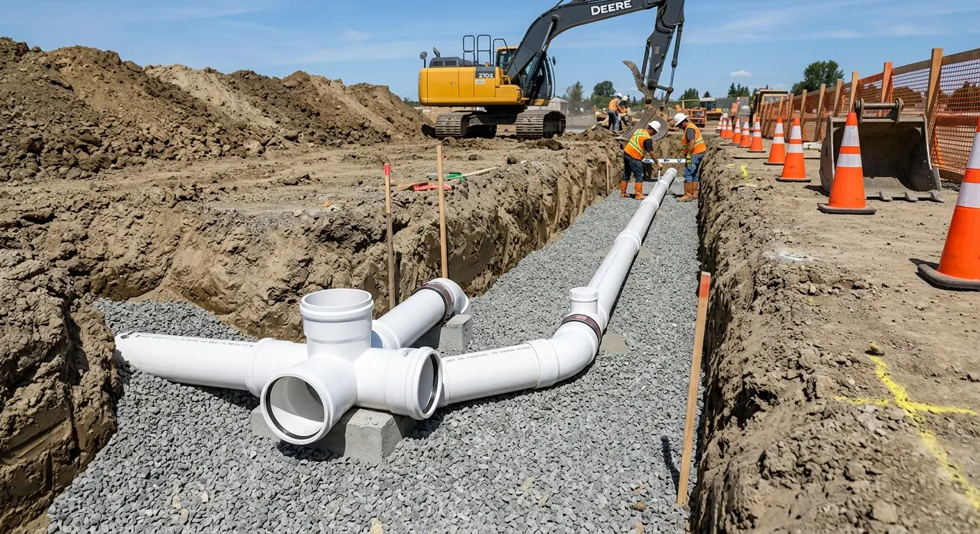 New PVC sewer pipe installation in open trench for Commercial Drain Cleaning in Indian Wells