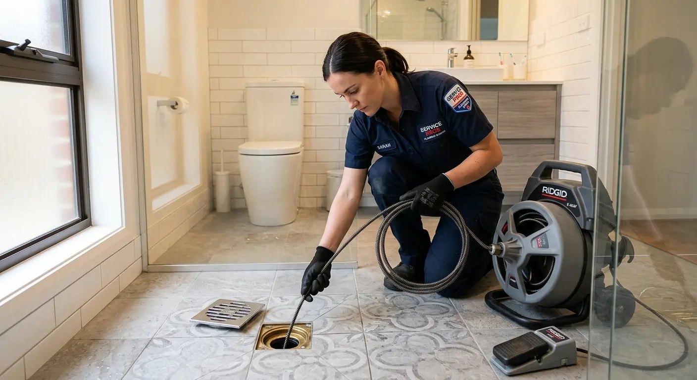 Technician clearing a bathroom floor drain for Hydro Jetting in Indian Wells